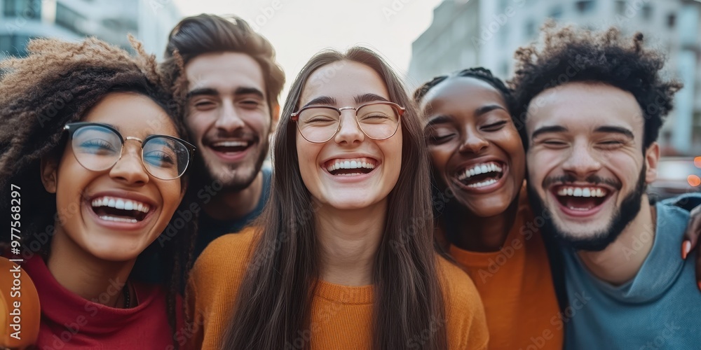 A vibrant group of friends laughing joyfully, showcasing diversity and friendship in an outdoor setting. A vibrant group of friends laughing joyfully, showcasing diversity and friendship in an outdoor setting.