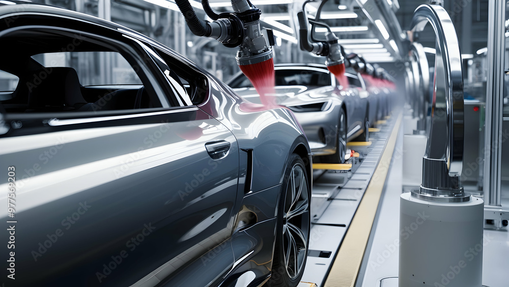 Fototapeta premium Automobile production line. Modern car factory. Automatic production line.