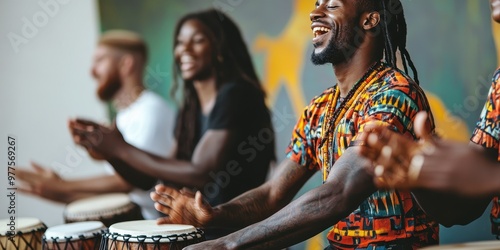 Joyful musicians playing drums in vibrant attire, creating an energetic and lively atmosphere in a colorful setting. photo