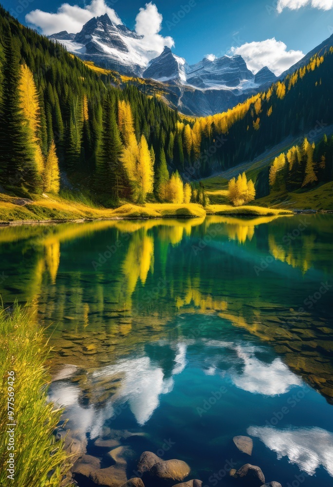 Obraz premium vibrant landscapes featuring diverse natural elements including fields under clear blue skies, mountain, lake, forest, sky, cloud, tree, water, river