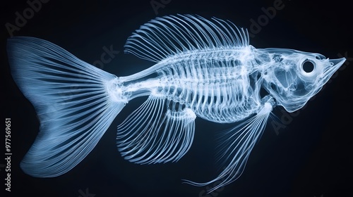 X-ray of a Fish's Skeleton: Top-down X-ray view of a fish, revealing the intricate skeletal structure and delicate fins. 