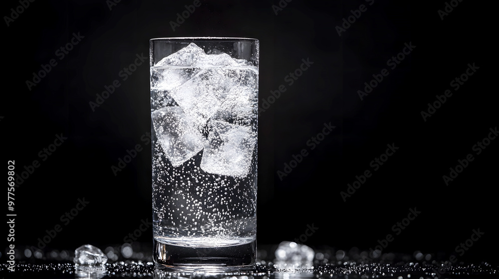 tall glass filled with crystal-clear ice cubes and water, condensation tall glass filled with crystal-clear ice cubes and water, condensation