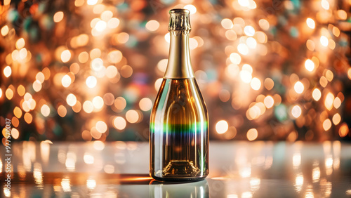 Holographic Champagne Bottle Close-Up: Futuristic Design with Glowing Label on White Background - Stunning Photo Stock Concept