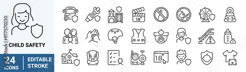 Child Safety line web icon set with protection, guarding, violence, abuse, neglect, quality education.