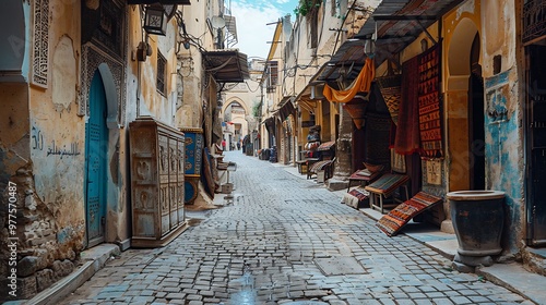 Exploring the medina of Fez, Morocco, immerses you in a labyrinth of narrow alleys filled with vibrant markets, historic mosques, and centuries-old buildings. The lively atmosphere and rich  photo