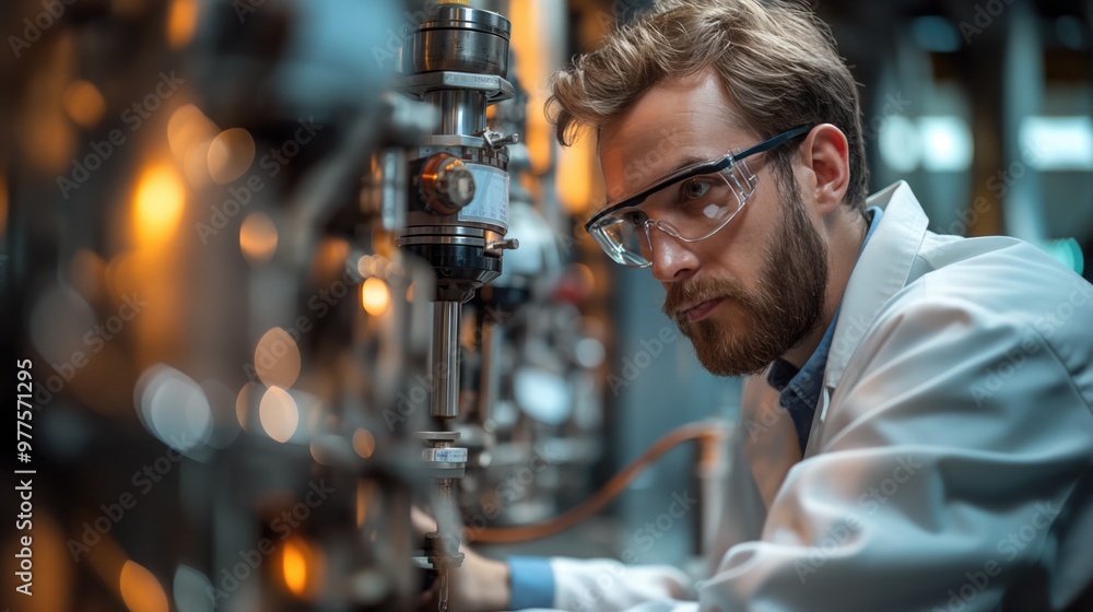 An engineer in a lab coat conducting experiments on new battery technology, with various equipment around An engineer in a lab coat conducting experiments on new battery technology, with various equipment around
