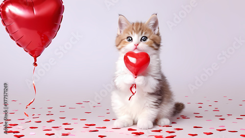 Kitten Holding Love Balloons Using Valentine's Attributes