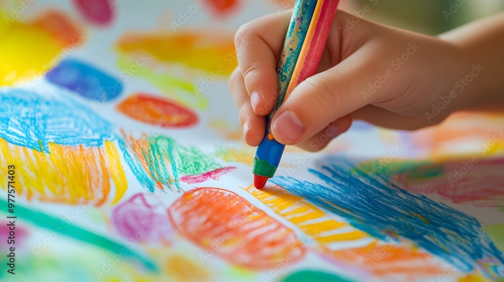 Hand Holding a Crayon Drawing on Paper: A child’s hand gripping a crayon, drawing vibrant shapes and patterns on a piece of paper.
Hand Holding a Crayon Drawing on Paper: A child’s hand gripping a crayon, drawing vibrant shapes and patterns on a piece of paper.