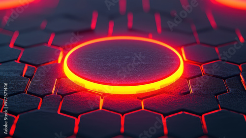 A close up view of glowing circular element surrounded by hexagonal patterns, creating futuristic and high tech appearance. vibrant red light adds striking contrast to dark surface, evoking sense of i
