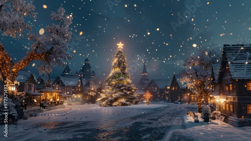 A snowy village square with a large Christmas tree in the center, lights twinkling