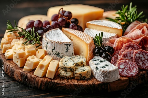 Assortment of cheese on wooden table, closeup. Dairy products. Cheese Selection. Large assortment of international cheese specialities. 