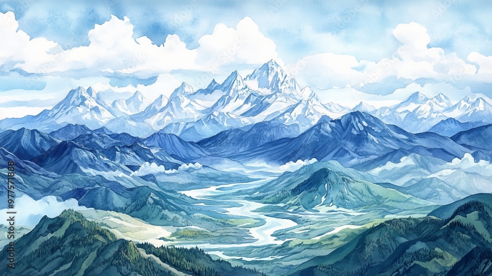 Obraz premium A breathtaking landscape featuring majestic mountains, serene valleys, and a peaceful river under a clear blue sky.