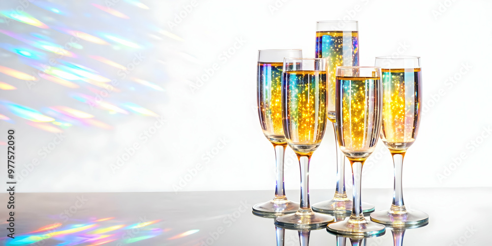 Elegant Flat Holographic Champagne Flute Tower: Medium Shot of Glowing Glasses with Intricate Patterns on White Background - Perfect for Celebrations Elegant Flat Holographic Champagne Flute Tower: Medium Shot of Glowing Glasses with Intricate Patterns on White Background - Perfect for Celebrations