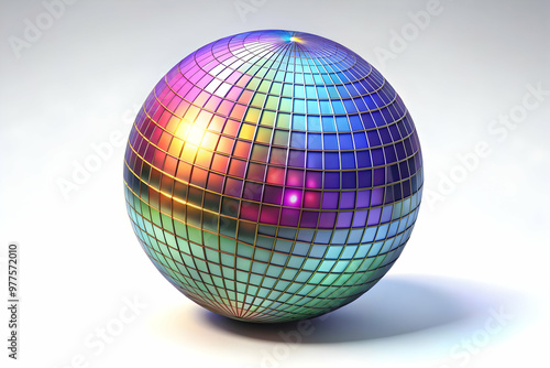 Holographic Disco Ball Close-Up: Glowing Light Beams & Mesmerizing Reflections on White Background - Perfect for Photo Stock Concepts