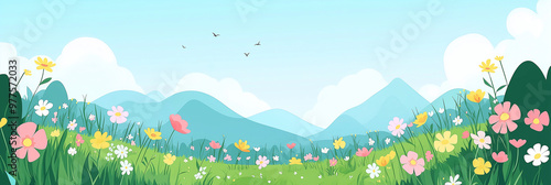 Banner of Cute flat cartoon of : flowers field Panoramic kids meadow with wildflowers of mountains, bright blue sky and clouds. Cheerful nature landscape with copy space.