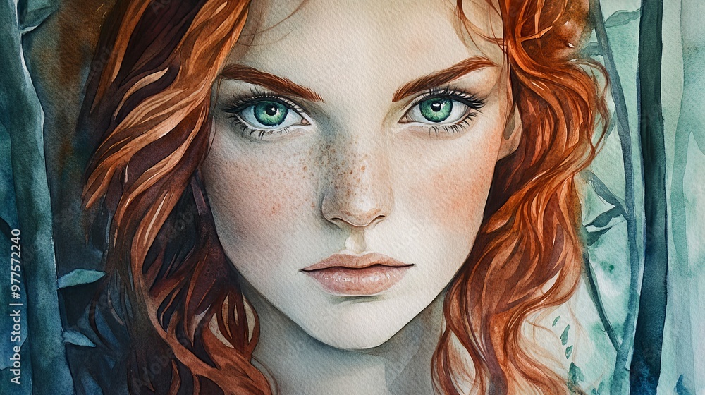 Obraz premium A mesmerizing portrait of a young woman with striking red hair and vivid green eyes, surrounded by a dreamy forest backdrop.