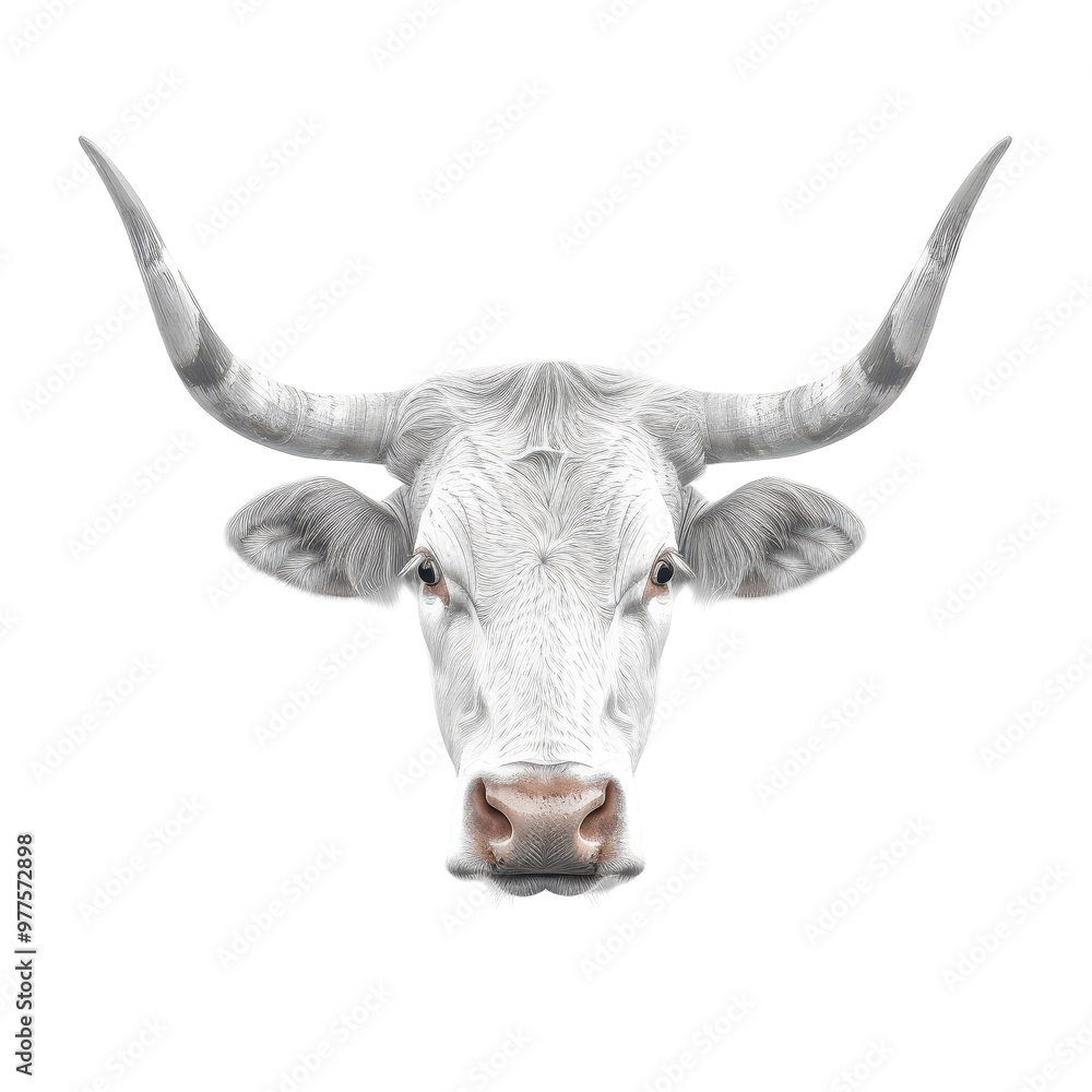 A white cow with horns is staring at the camera A white cow with horns is staring at the camera