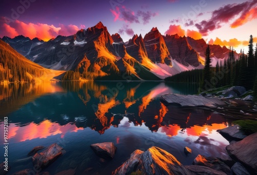 stunning mountain summits bathed vibrant hues during sunrise capturing majestic beauty, nature, landscape, scenery, sky, clouds, light, colors, peaks, view