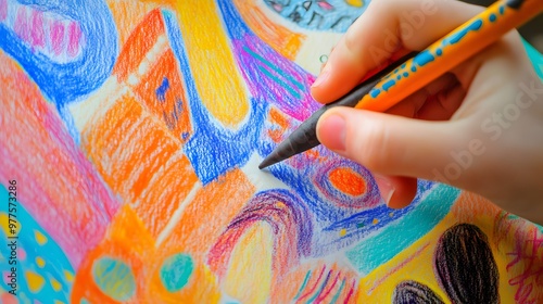 Wallpaper Mural Hand Holding a Crayon Drawing on Paper: A child’s hand gripping a crayon, drawing vibrant shapes and patterns on a piece of paper. 
 Torontodigital.ca