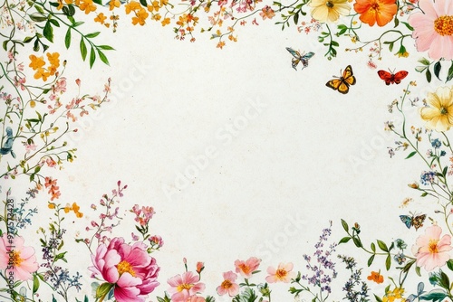 A beautiful vintage floral border with small butterflies and vines on white paper
