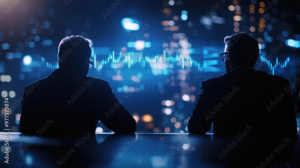 Two professionals observing a city skyline at night with digital data visualization, symbolizing analysis and decision-making. Two professionals observing a city skyline at night with digital data visualization, symbolizing analysis and decision-making.