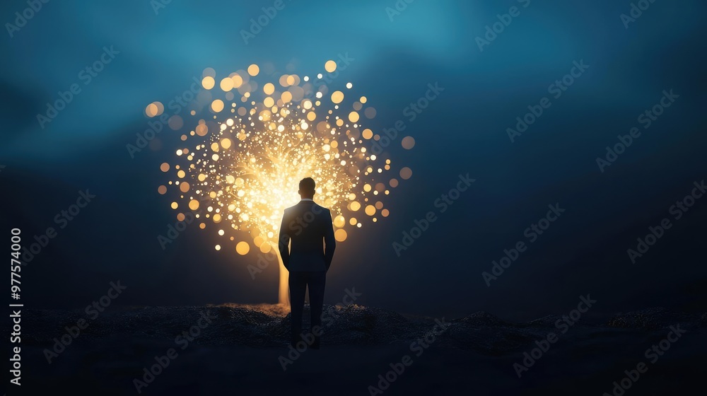 Fototapeta premium A silhouette of a person stands before a glowing tree of light, symbolizing hope and inspiration in a dark atmosphere.