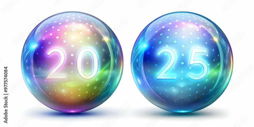 Flat Holographic Countdown Orbs: Close-Up of 2025 New Year Countdown with Mesmerizing Effects on White Background Flat Holographic Countdown Orbs: Close-Up of 2025 New Year Countdown with Mesmerizing Effects on White Background