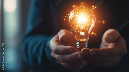 A person holds a glowing light bulb, symbolizing ideas, innovation, and creativity. A captivating image of inspiration.