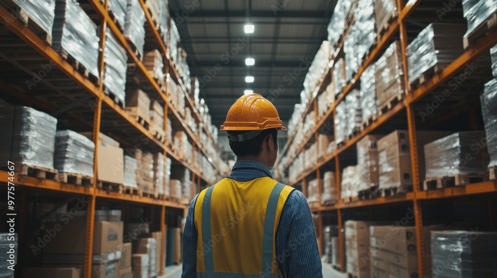 warehouse manager inspecting a large warehouse. warehouse manager inspecting a large warehouse.