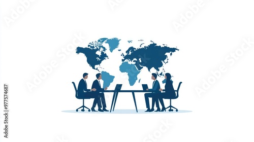 A professional meeting scene featuring business people collaborating with a world map in the background, symbolizing global connections.