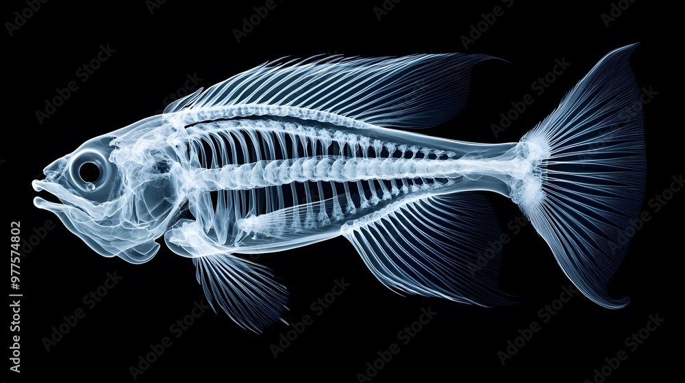 Top-down X-ray view of a fish, revealing the intricate skeletal structure and delicate fins.
Top-down X-ray view of a fish, revealing the intricate skeletal structure and delicate fins.