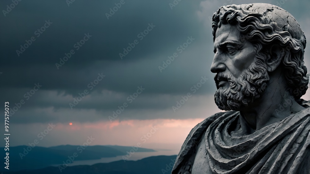 Weather-beaten grey stone representation of a stoic Greek man, cracked by the passage of time Weather-beaten grey stone representation of a stoic Greek man, cracked by the passage of time