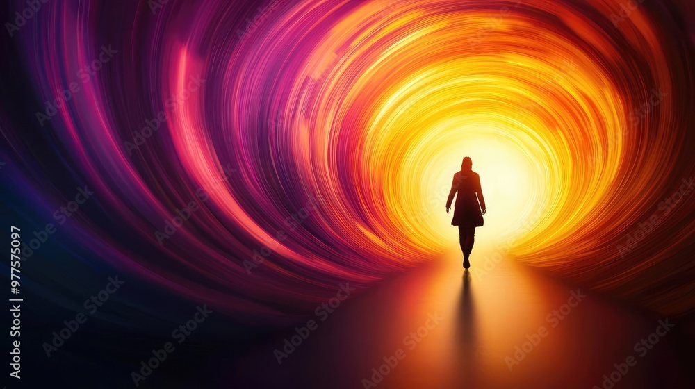 Fototapeta premium A silhouette of a person walking towards a vibrant, swirling tunnel of colors, symbolizing hope and new beginnings.