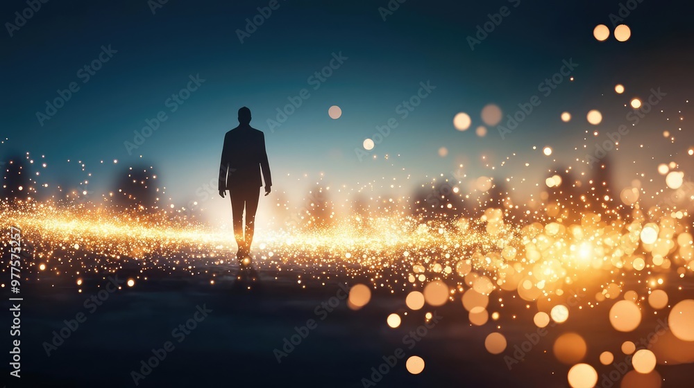Silhouette of a person walking towards a glowing, magical light in a tranquil landscape, symbolizing journey and exploration. Silhouette of a person walking towards a glowing, magical light in a tranquil landscape, symbolizing journey and exploration.