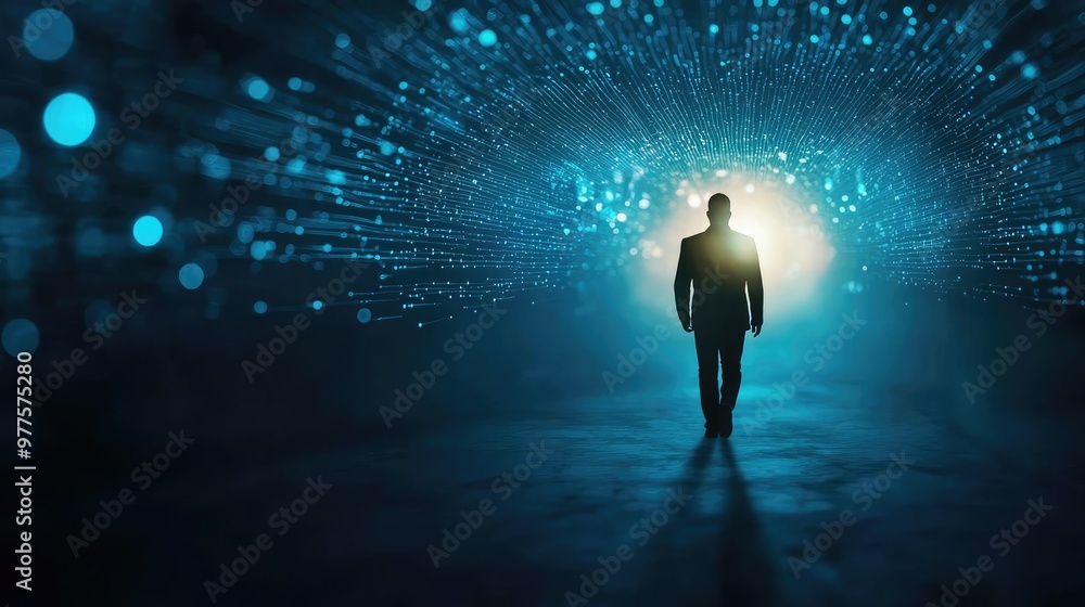 A mysterious figure walks toward a glowing light in a digital tunnel, creating a sense of exploration and discovery. A mysterious figure walks toward a glowing light in a digital tunnel, creating a sense of exploration and discovery.