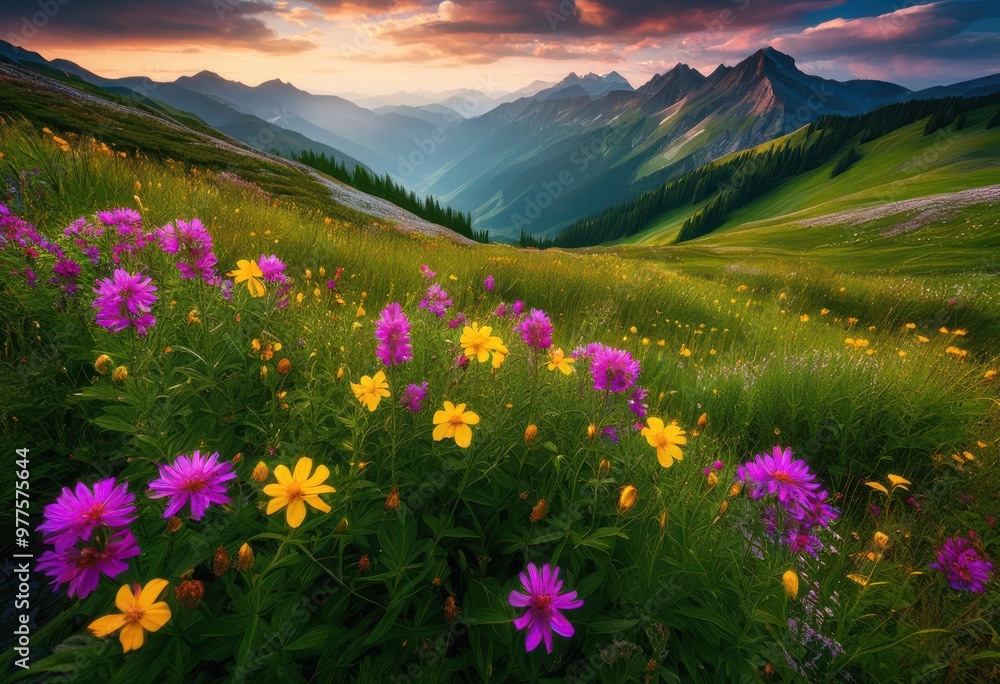 Fototapeta premium stunning mountain vistas showcasing vibrant flower fields lush greenery scenic views, adventure, hiking, exploration, travel, breathtaking, picturesque