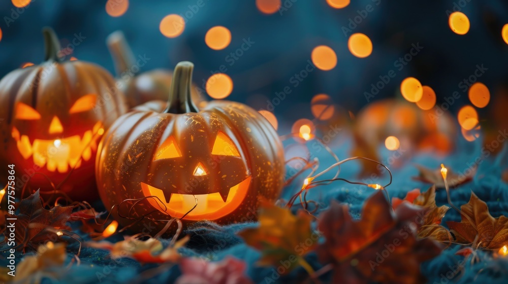 Spooky Halloween scene with a glowing Jack-O'-Lantern. happy Halloween. Blurred background, pumpkin and lights. Spooky Halloween scene with a glowing Jack-O'-Lantern. happy Halloween. Blurred background, pumpkin and lights.