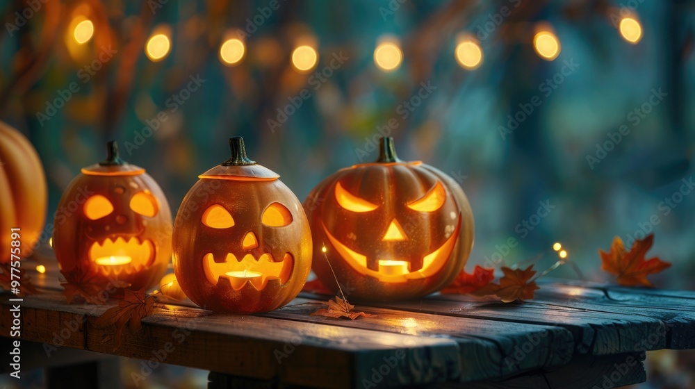 Fototapeta premium Spooky Halloween scene with a glowing Jack-O'-Lantern. happy Halloween. Blurred background, pumpkin and lights.