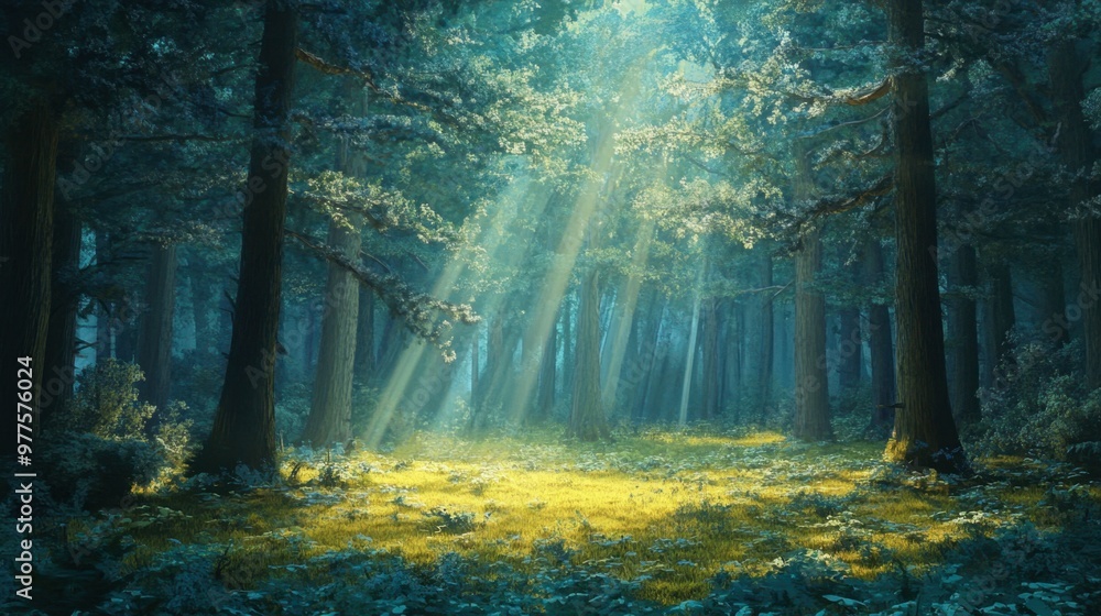 A tranquil forest clearing beneath a cerulean sky, with sunbeams filtering through the treetops and illuminating the ground. A tranquil forest clearing beneath a cerulean sky, with sunbeams filtering through the treetops and illuminating the ground.