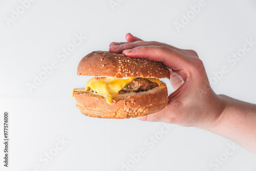 Cropped hand holding burger against white background