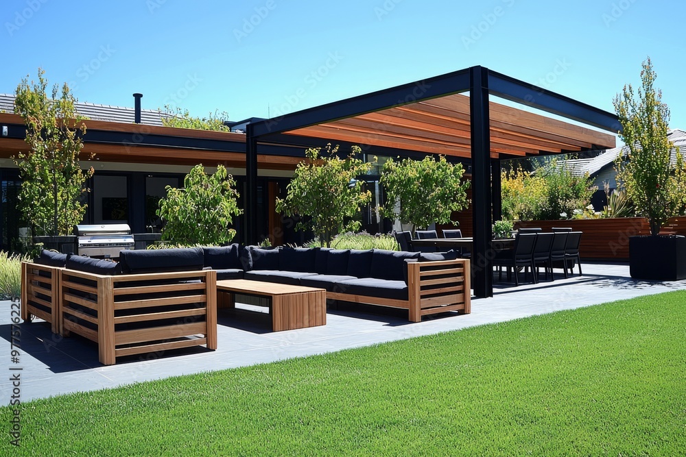 An urban house with sleek modern furniture in the garden An urban house with sleek modern furniture in the garden