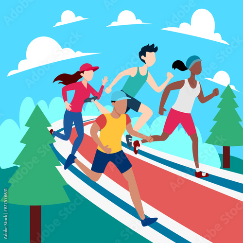 A dynamic vector illustration of people running on a track with men, women, and children starting a race