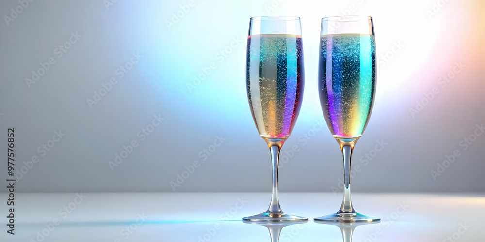 3D Holographic Champagne Flutes Concept: Wide Shot of Glowing Effervescent Liquid in Sparkling Glasses on White Background with Copy Space 3D Holographic Champagne Flutes Concept: Wide Shot of Glowing Effervescent Liquid in Sparkling Glasses on White Background with Copy Space