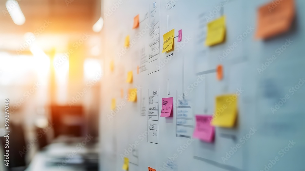 A wall covered in colorful sticky notes with various words and phrases written on them. The notes are arranged in a way that suggests a brainstorming session or a to-do list