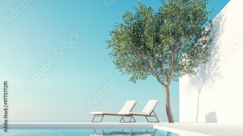 Blue swimming pool and blue sky, summer sky holiday, vacation travel, beautiful nature, view water pool, modern house architecture, white color, outdoor celebrations