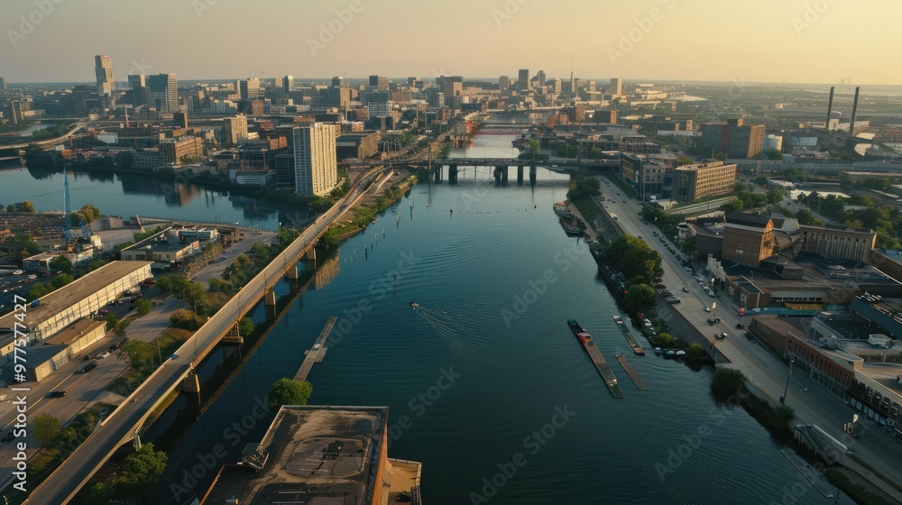 Aerial View of Cityscape with River and Bridge Aerial View of Cityscape with River and Bridge