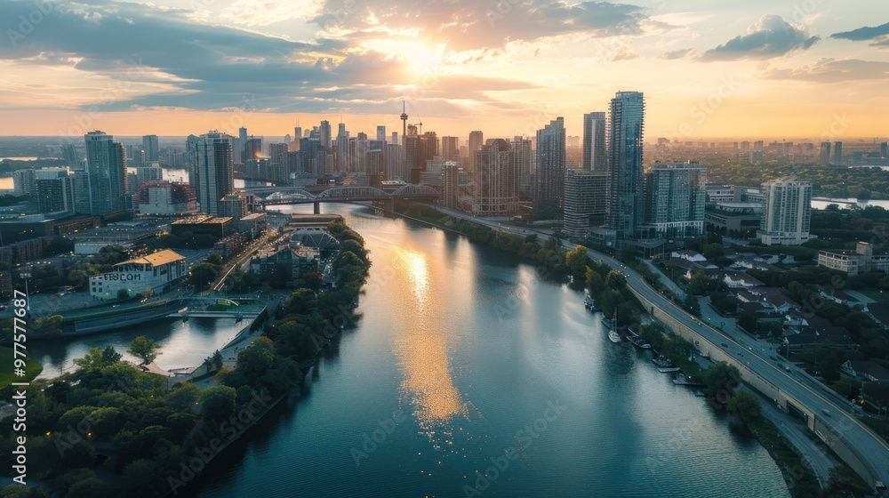 Aerial View of Cityscape at Sunset Aerial View of Cityscape at Sunset