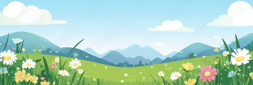 Banner of Cute flat cartoon of : flowers field Panoramic kids meadow with wildflowers of mountains, bright blue sky and clouds. Cheerful nature landscape with copy space. Banner of Cute flat cartoon of : flowers field Panoramic kids meadow with wildflowers of mountains, bright blue sky and clouds. Cheerful nature landscape with copy space.
