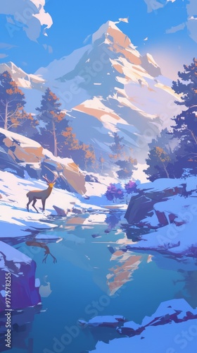 Enchanting Anime-Style Winter Scene: Majestic Deer Drinking at Forest Edge with Snowy Mountains. Vibrant Marketing Visual for Cultural Campaigns, Bestseller Themes, and Season-End Promotions. Captivat photo