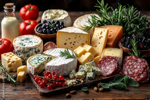 Assortment of cheese on wooden table, closeup. Dairy products. Cheese Selection. Large assortment of international cheese specialities. 